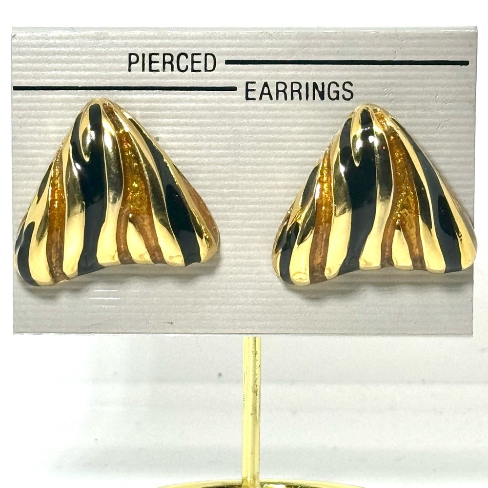 Vintage Gold & Black Abstract Enamel Triangle Earrings